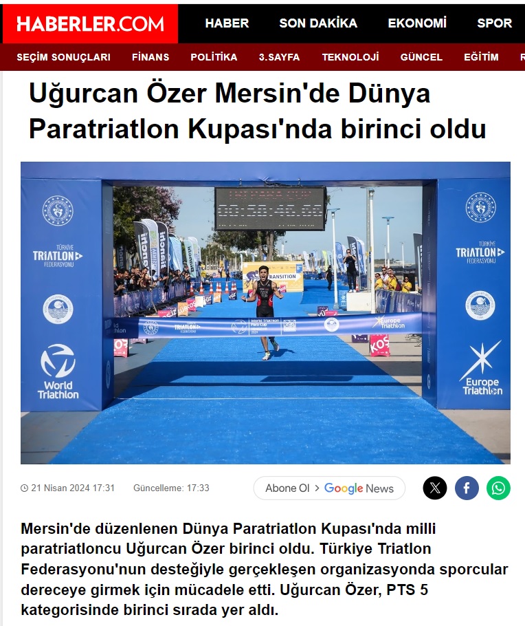 Uğurcan Özer Mersin'de Dünya Paratriatlon Kupası'nda birinci oldu