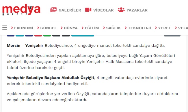 Yenişehir Belediyesinden engelli bireylere tekerlekli sandalye