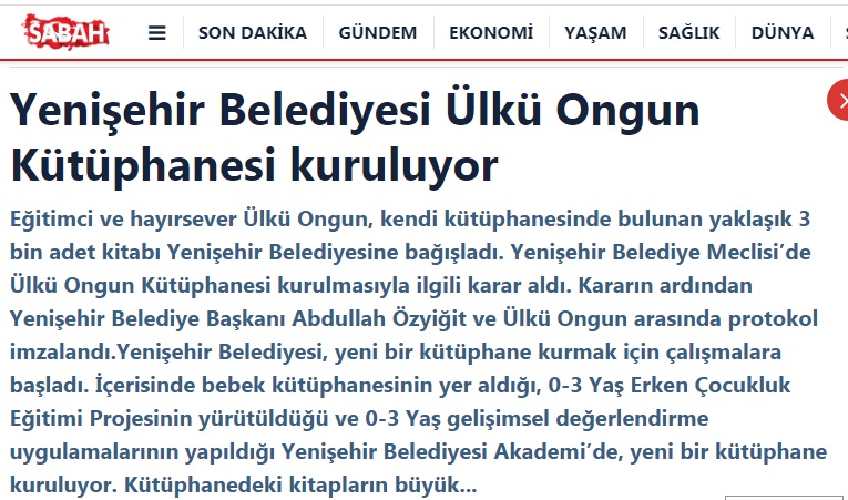 Yenişehir Belediyesi Ülkü Ongun Kütüphanesi kuruluyor