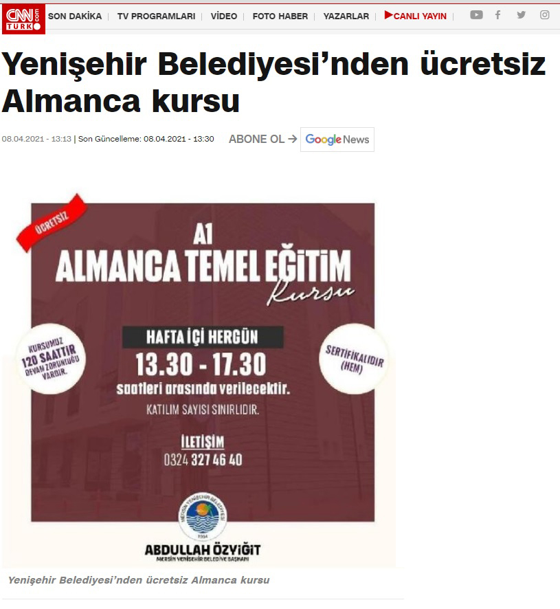 Yenişehir Belediyesi'nden ücretsiz Almanca kursu