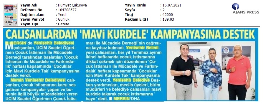 Yenişehir Belediyesi çalışanlarından 'Mavi Kurdele' kampanyasına destek