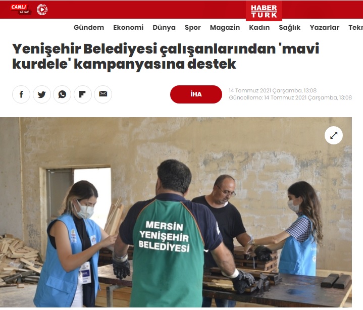 Yenişehir Belediyesi çalışanlarından 'Mavi Kurdele' kampanyasına destek