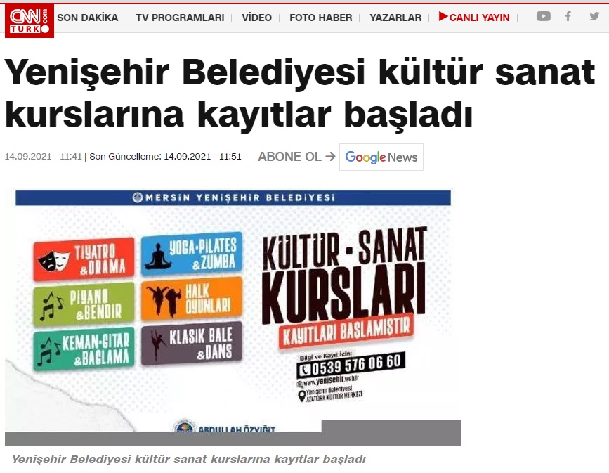 Yenişehir Belediyesi kültür sanat kurslarına kayıtlar başladı