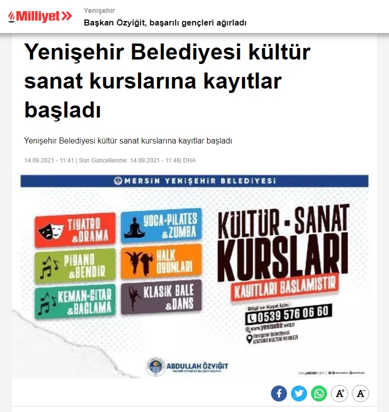 Yenişehir Belediyesi kültür sanat kurslarına kayıtlar başladı