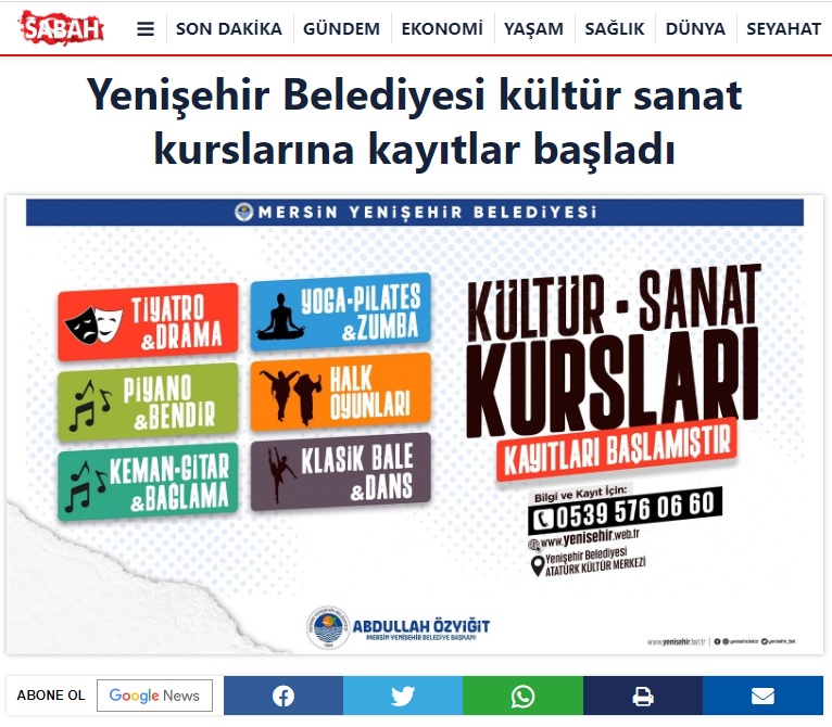 Yenişehir Belediyesi kültür sanat kurslarına kayıtlar başladı