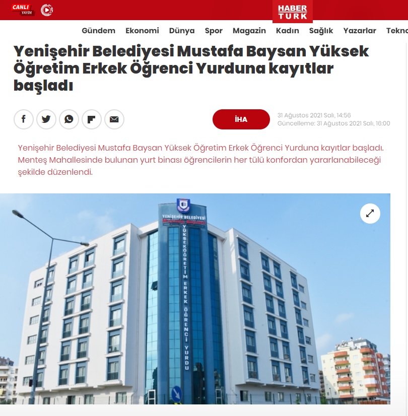 Yenişehir Belediyesi Mustafa Baysan Yüksek Öğretim Erkek Öğrenci Yurduna kayıtlar başladı