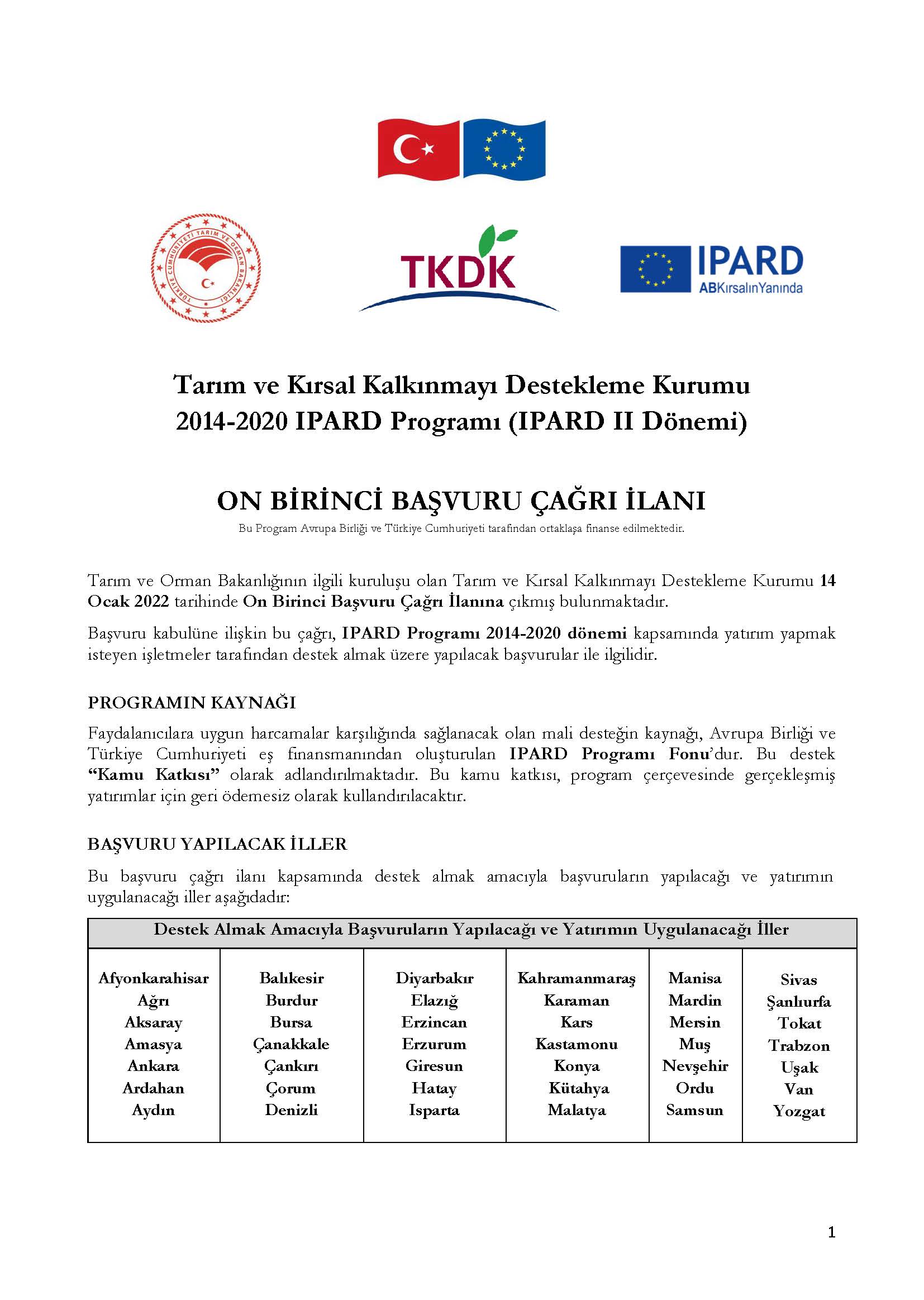 TARIM VE KIRSAL KALKINMAYI DESTEKLEME KURUMU İLANI