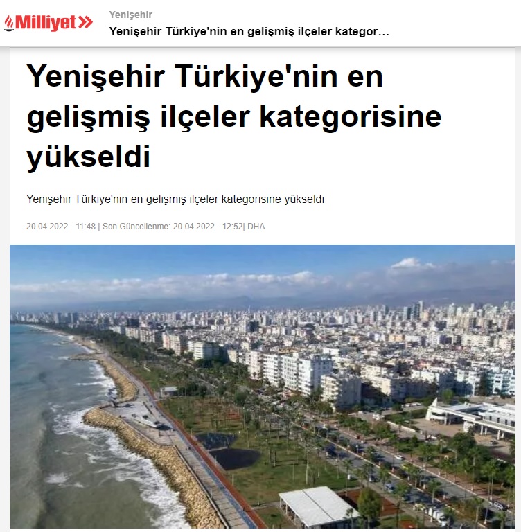 Mersin Yenişehir Türkiye’nin en gelişmiş ilçeler kategorisine yükseldi