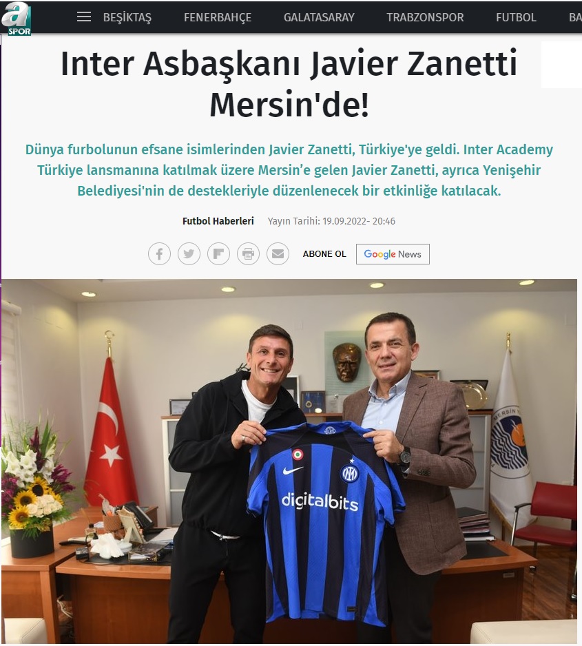 Başkan Abdullah Özyiğit, Javier Zanetti’yi ağırladı