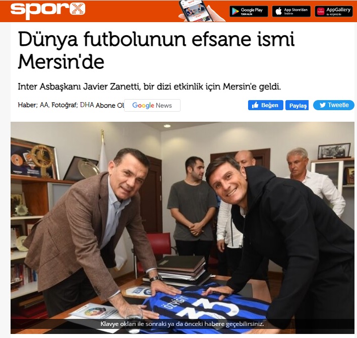 Başkan Abdullah Özyiğit, Javier Zanetti’yi ağırladı