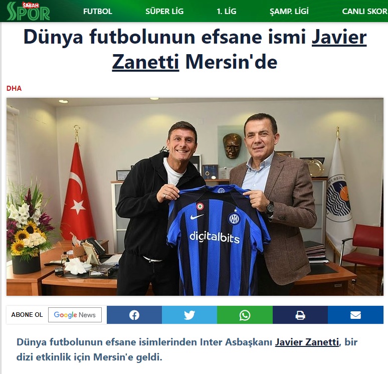 Başkan Abdullah Özyiğit, Javier Zanetti’yi ağırladı