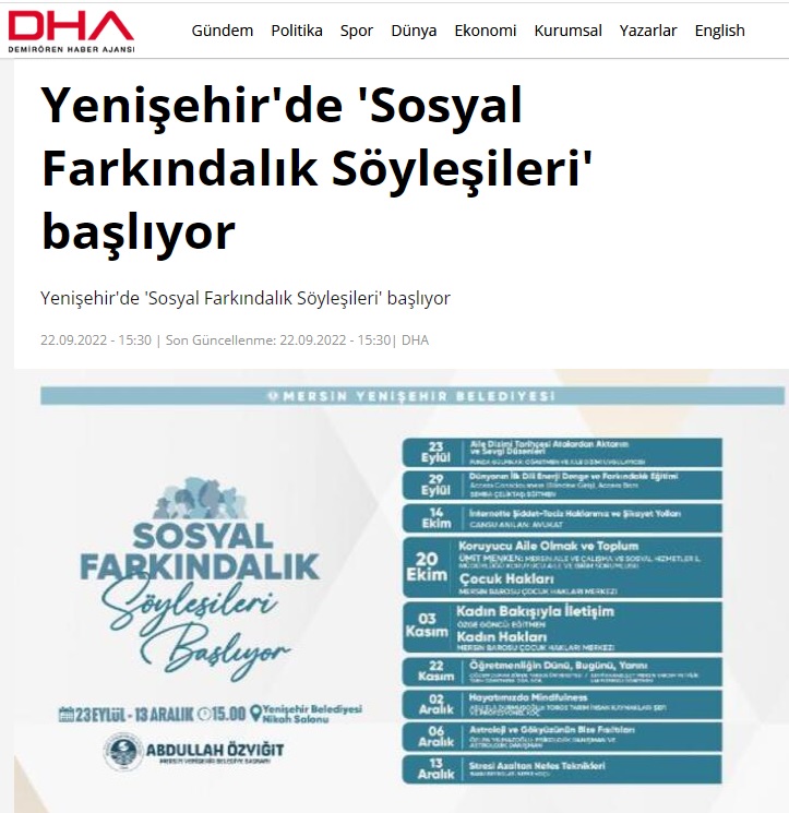 Yenişehir Belediyesi “Sosyal Farkındalık Söyleşileri” başlıyor