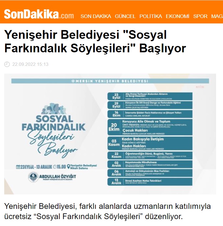 Yenişehir Belediyesi “Sosyal Farkındalık Söyleşileri” başlıyor