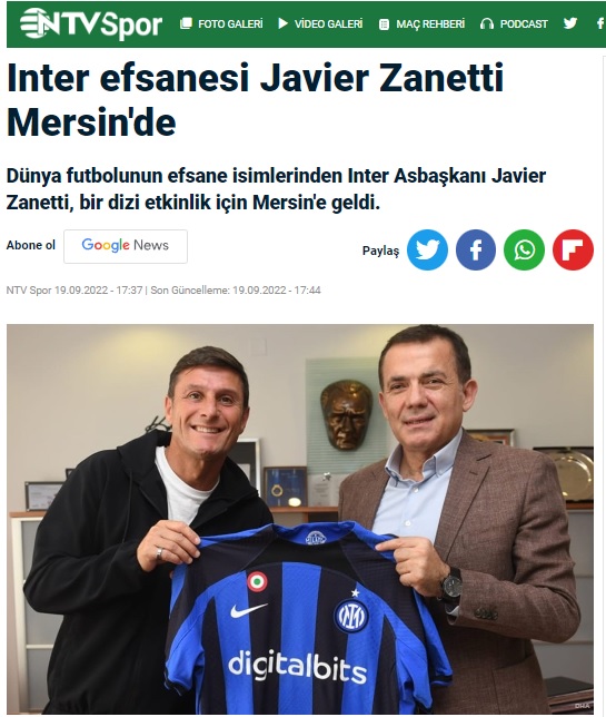 Başkan Abdullah Özyiğit, Javier Zanetti’yi ağırladı