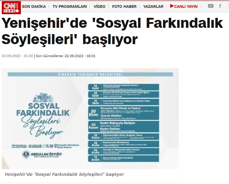 Yenişehir Belediyesi “Sosyal Farkındalık Söyleşileri” başlıyor