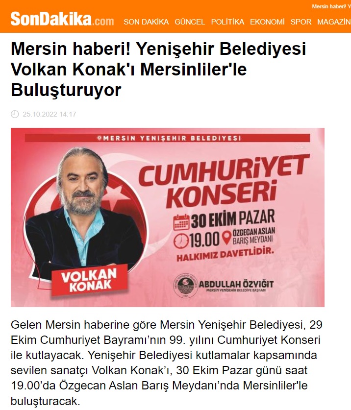 Cumhuriyet’in 99’uncu yılı Yenişehir’de Volkan Konak konseriyle kutlanacak