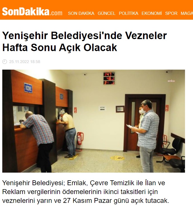 Yenişehir Belediyesinde vezneler hafta sonu açık olacak