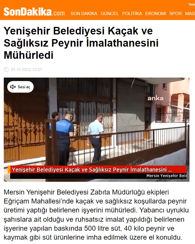 Yenişehir Belediyesi kaçak ve sağlıksız peynir imalathanesini mühürledi