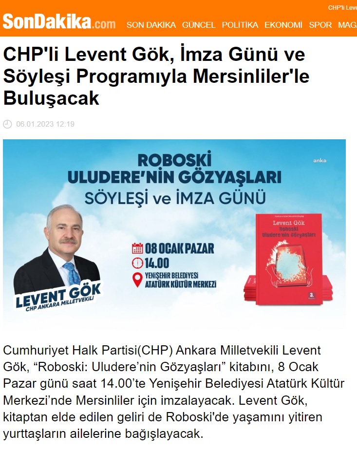 CHP’li Levent Gök, “Roboski Uludere’nin Gözyaşları” kitabını Mersinliler için imzalayacak