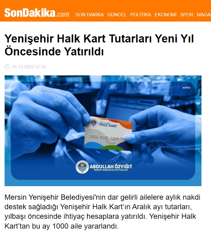 Yenişehir Halk Kart tutarları yeni yıl öncesinde yatırıldı