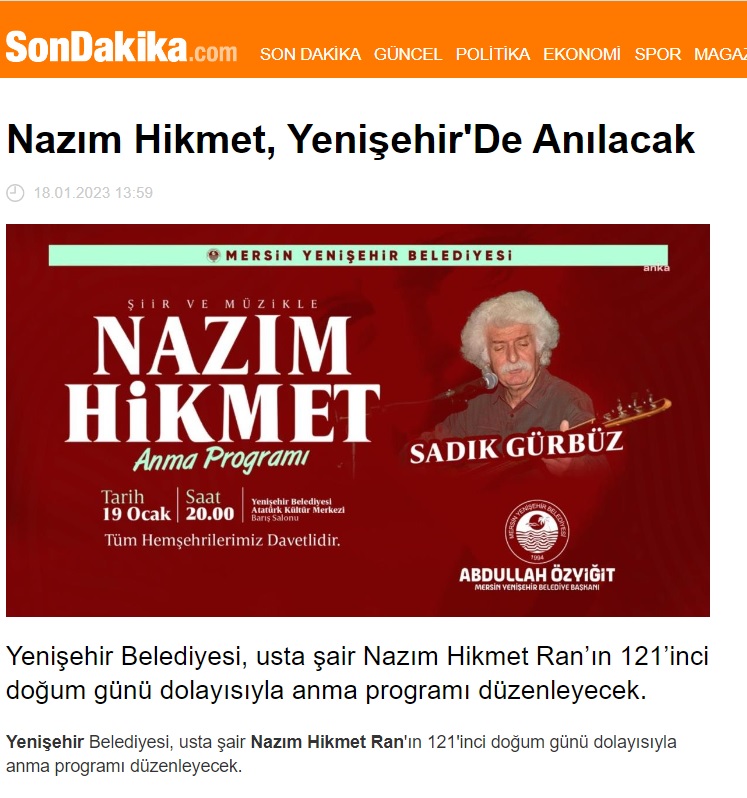 Nazım Hikmet, Mersin Yenişehir’de anılacak