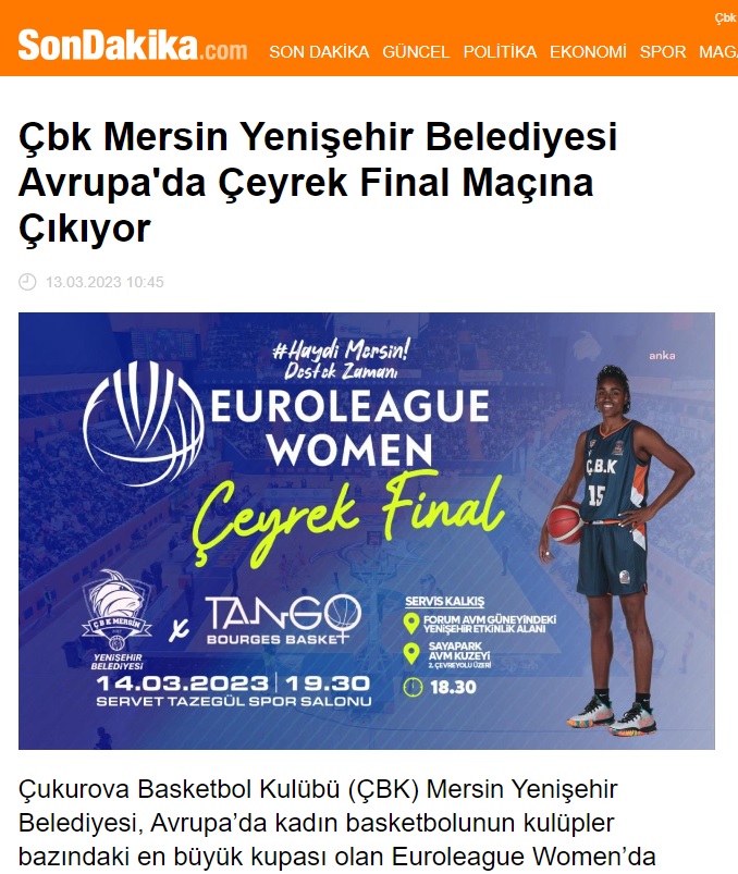 ÇBK Mersin Yenişehir Belediyesi Avrupa’da çeyrek final maçına çıkıyor