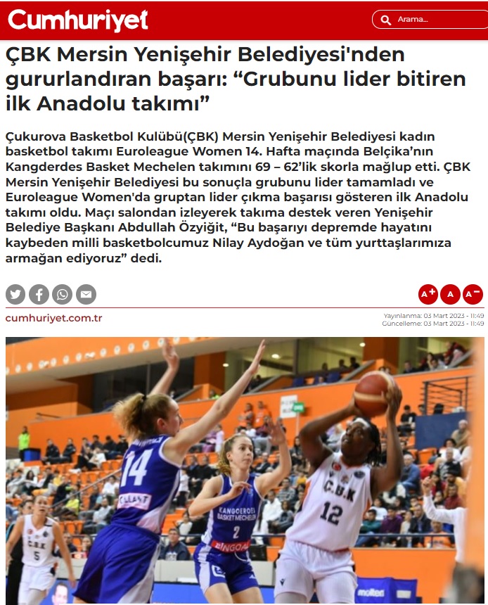 ÇBK Mersin Yenişehir Belediyesi'nden gururlandıran başarı: “Grubunu lider bitiren ilk Anadolu takımı”
