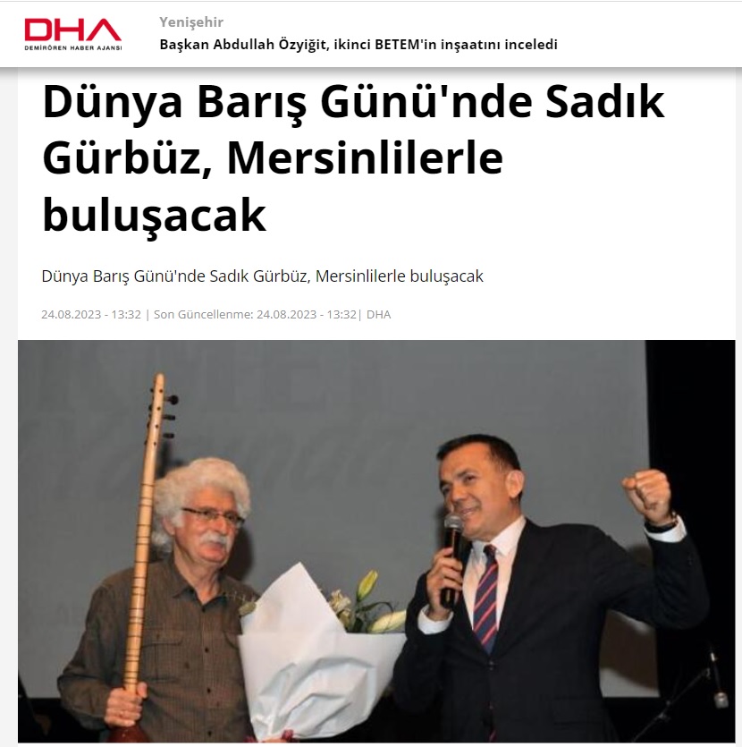 Yenişehir Belediyesi, Dünya Barış Günü’nde Sadık Gürbüz’ü Mersinlilerle buluşturacak