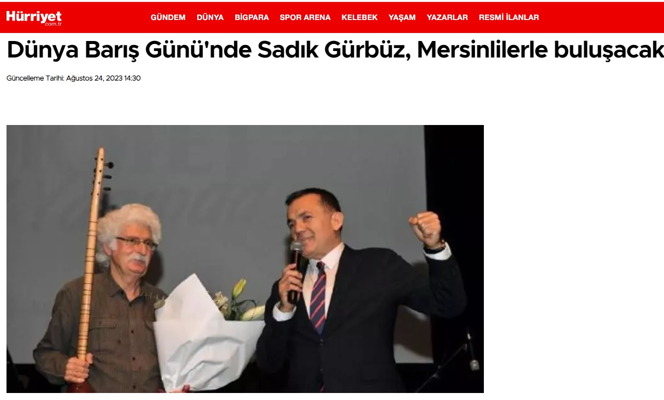 Yenişehir Belediyesi, Dünya Barış Günü’nde Sadık Gürbüz’ü Mersinlilerle buluşturacak