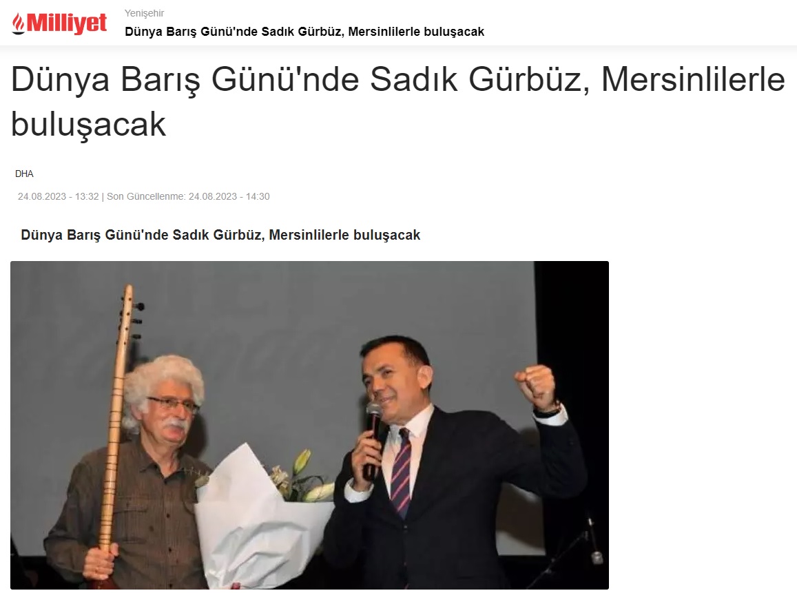 Yenişehir Belediyesi, Dünya Barış Günü’nde Sadık Gürbüz’ü Mersinlilerle buluşturacak