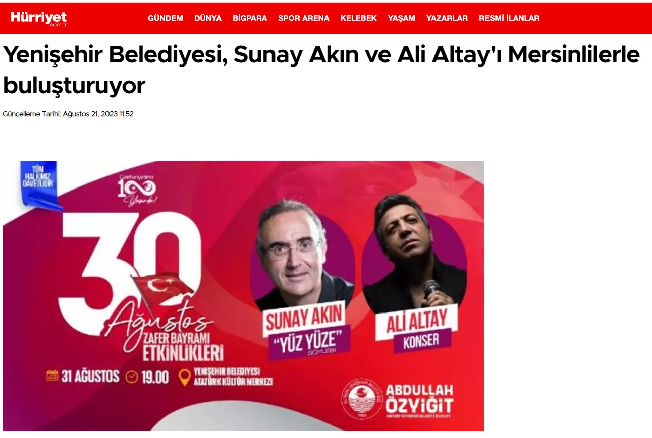 Yenişehir Belediyesi, Sunay Akın ve Ali Altay’ı Mersinlilerle buluşturuyor