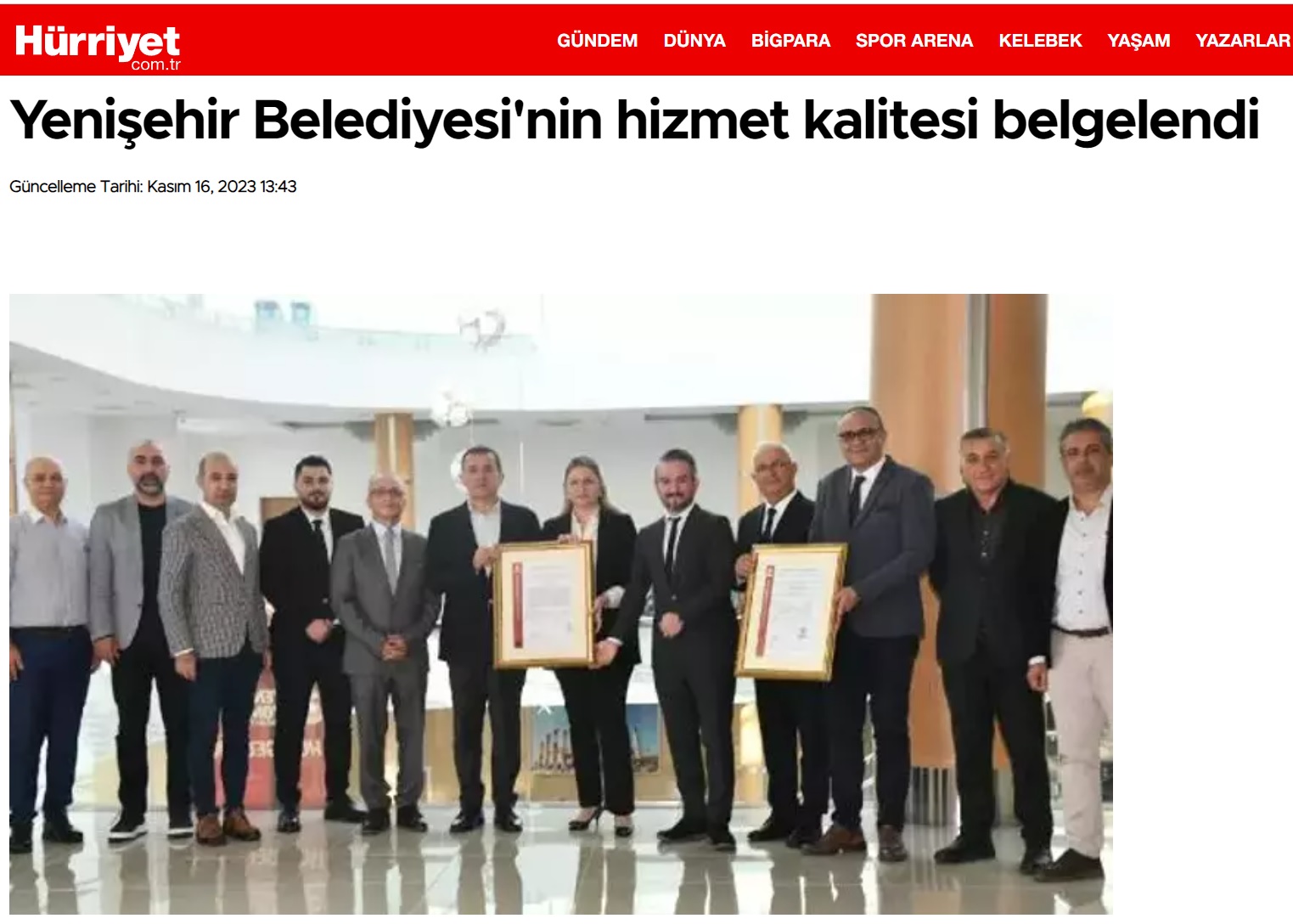 Yenişehir Belediyesinin hizmet kalitesi belgelendi