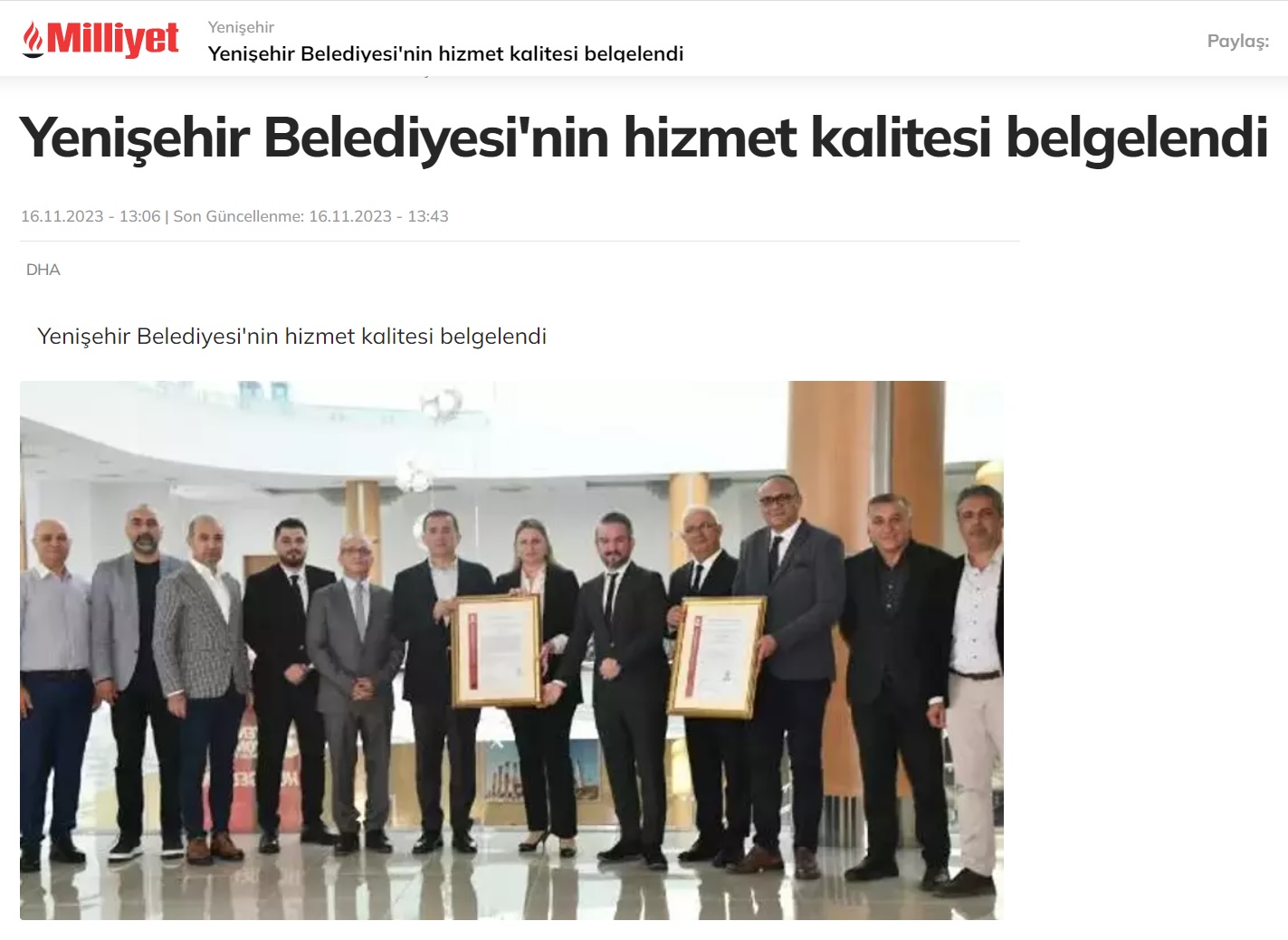 Yenişehir Belediyesinin hizmet kalitesi belgelendi