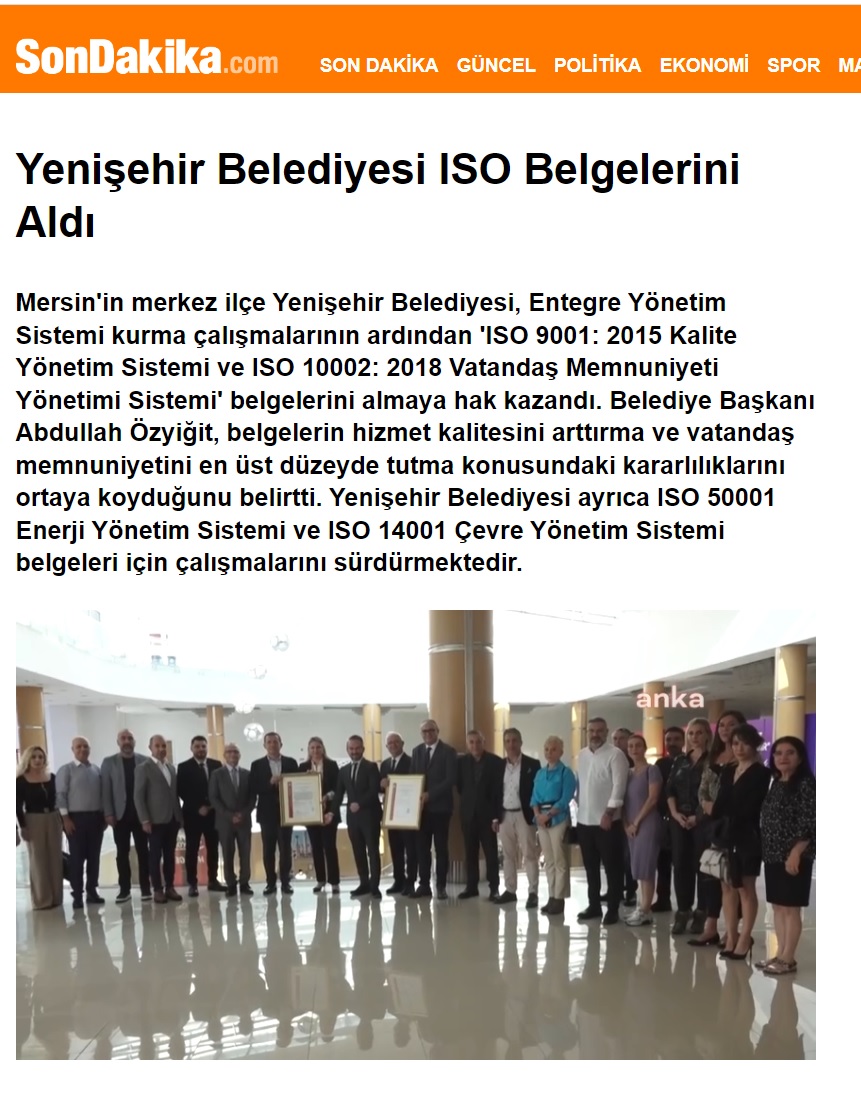 Yenişehir Belediyesinin hizmet kalitesi belgelendi