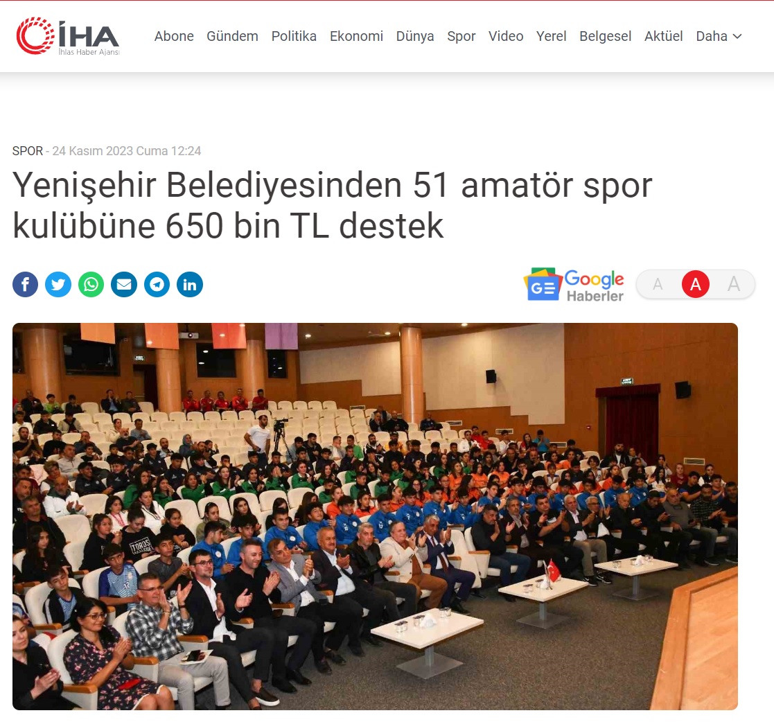 Yenişehir Belediyesinden 51 amatör spor kulübüne 650 bin TL destek
