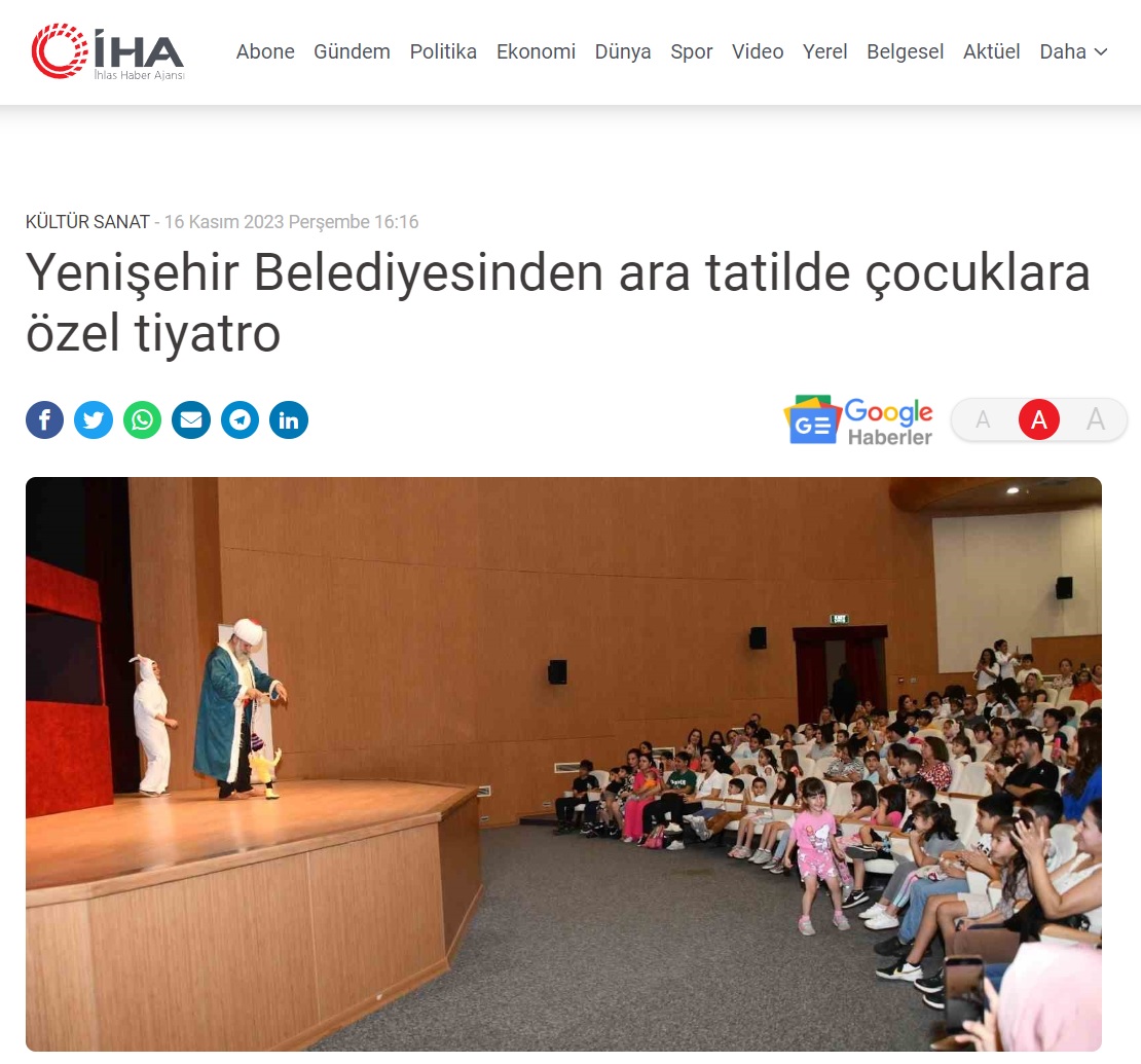 Yenişehir Belediyesinden ara tatilde çocuklara özel tiyatro  