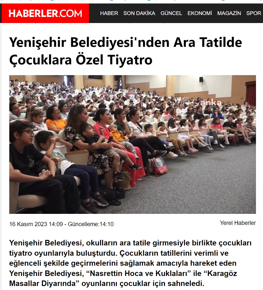 Yenişehir Belediyesinden ara tatilde çocuklara özel tiyatro  