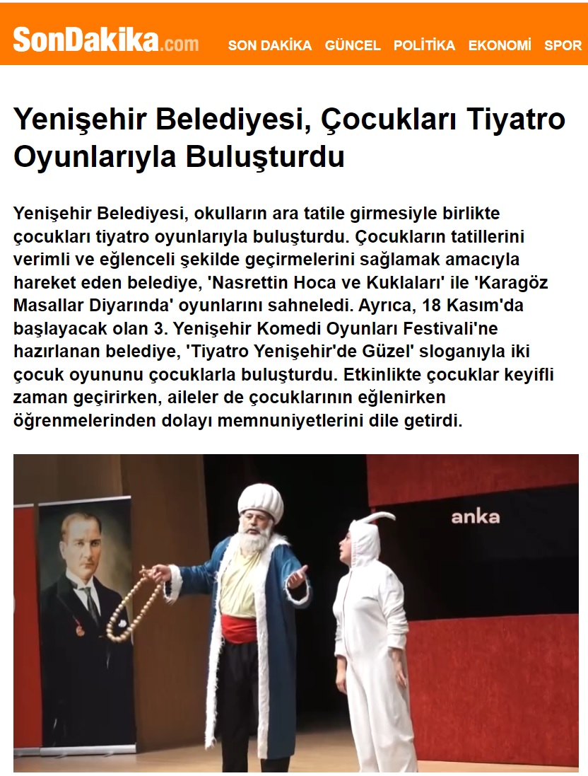 Yenişehir Belediyesinden ara tatilde çocuklara özel tiyatro  