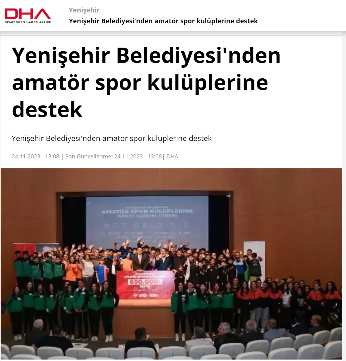 Yenişehir Belediyesinden 51 amatör spor kulübüne 650 bin TL destek