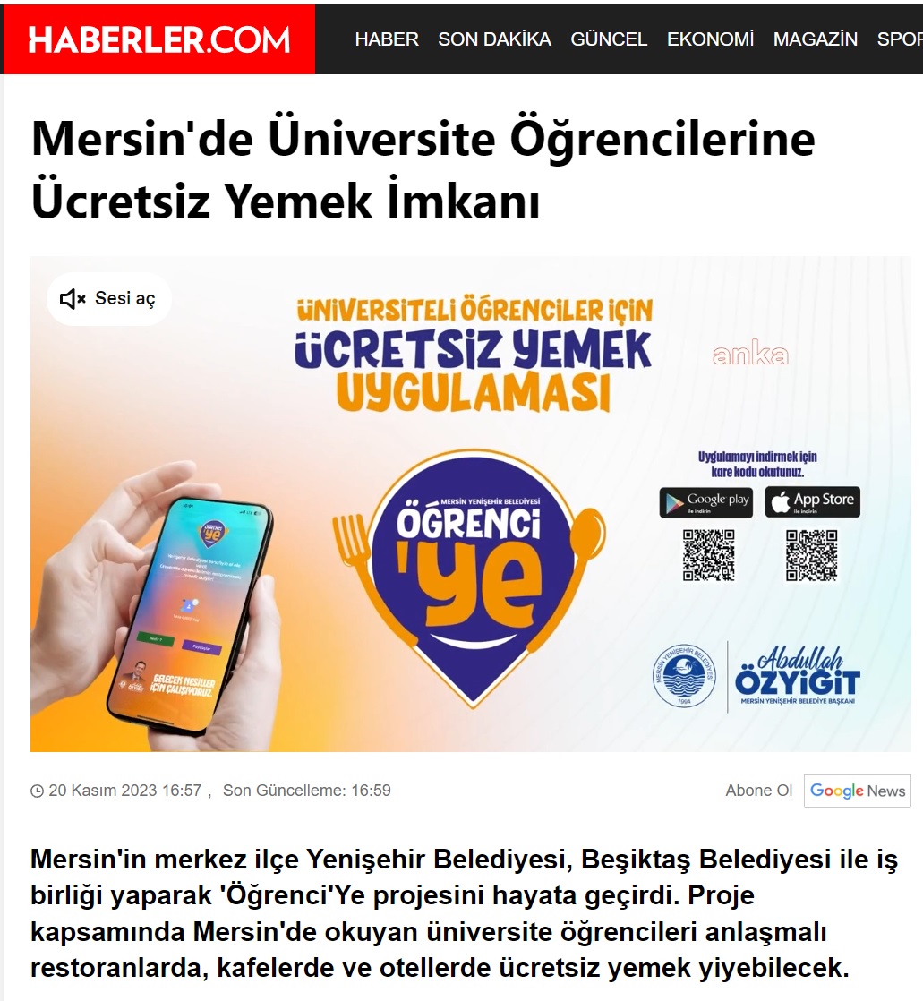 Yenişehir Belediyesi ücretsiz yemek uygulaması Öğrenci’Ye projesini hayata geçirdi