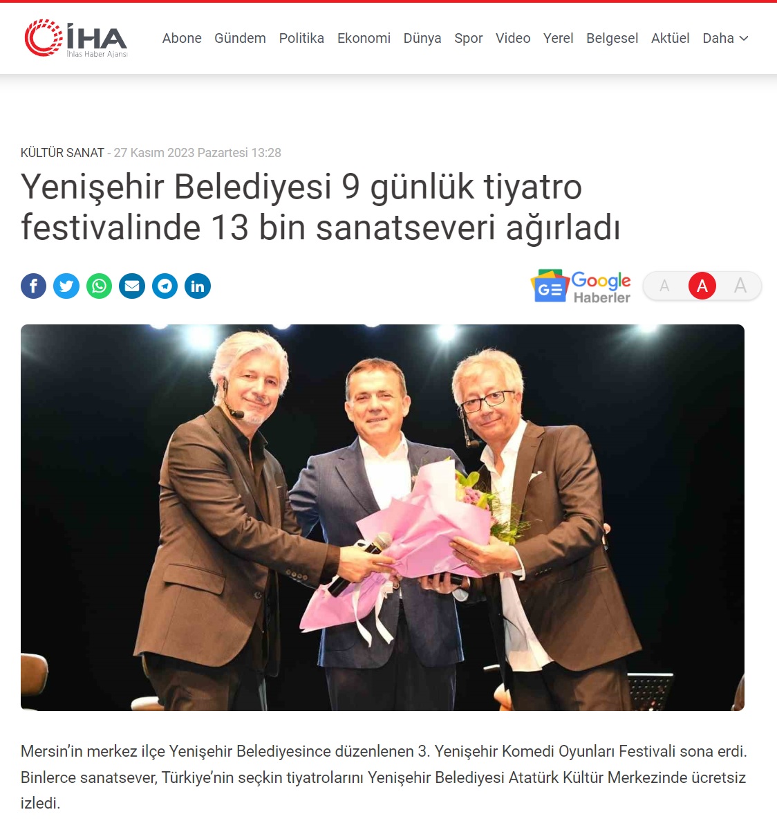 Yenişehir Belediyesi 9 gün süren tiyatro festivaliyle 13 bin sanatseveri ağırladı