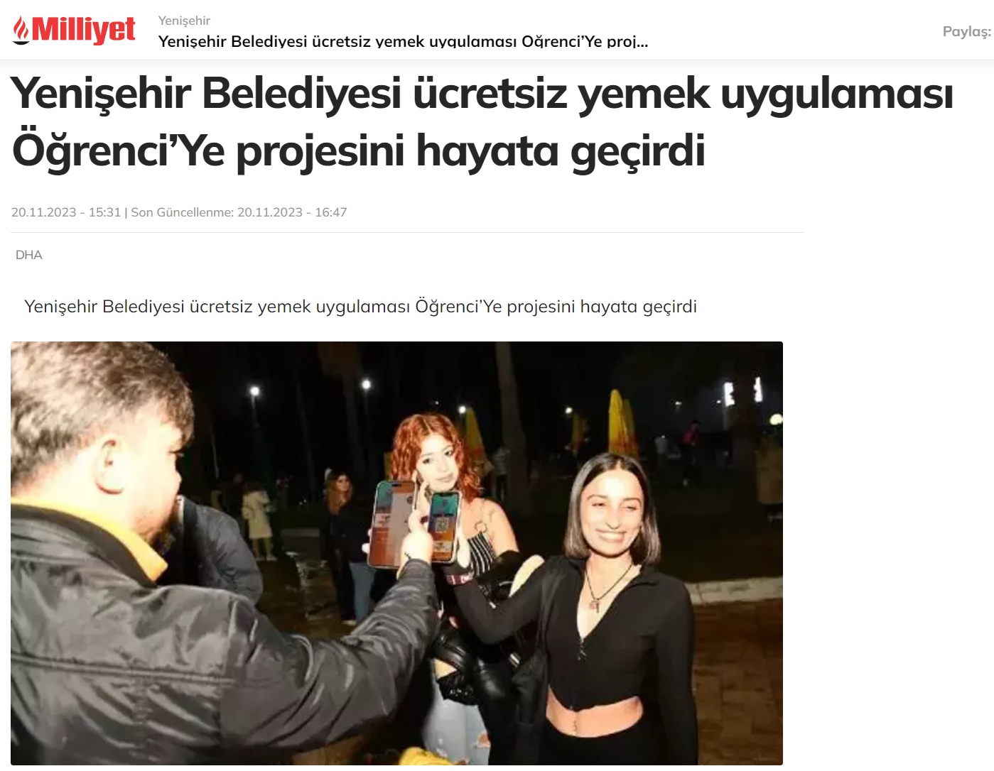 Yenişehir Belediyesi ücretsiz yemek uygulaması Öğrenci’Ye projesini hayata geçirdi