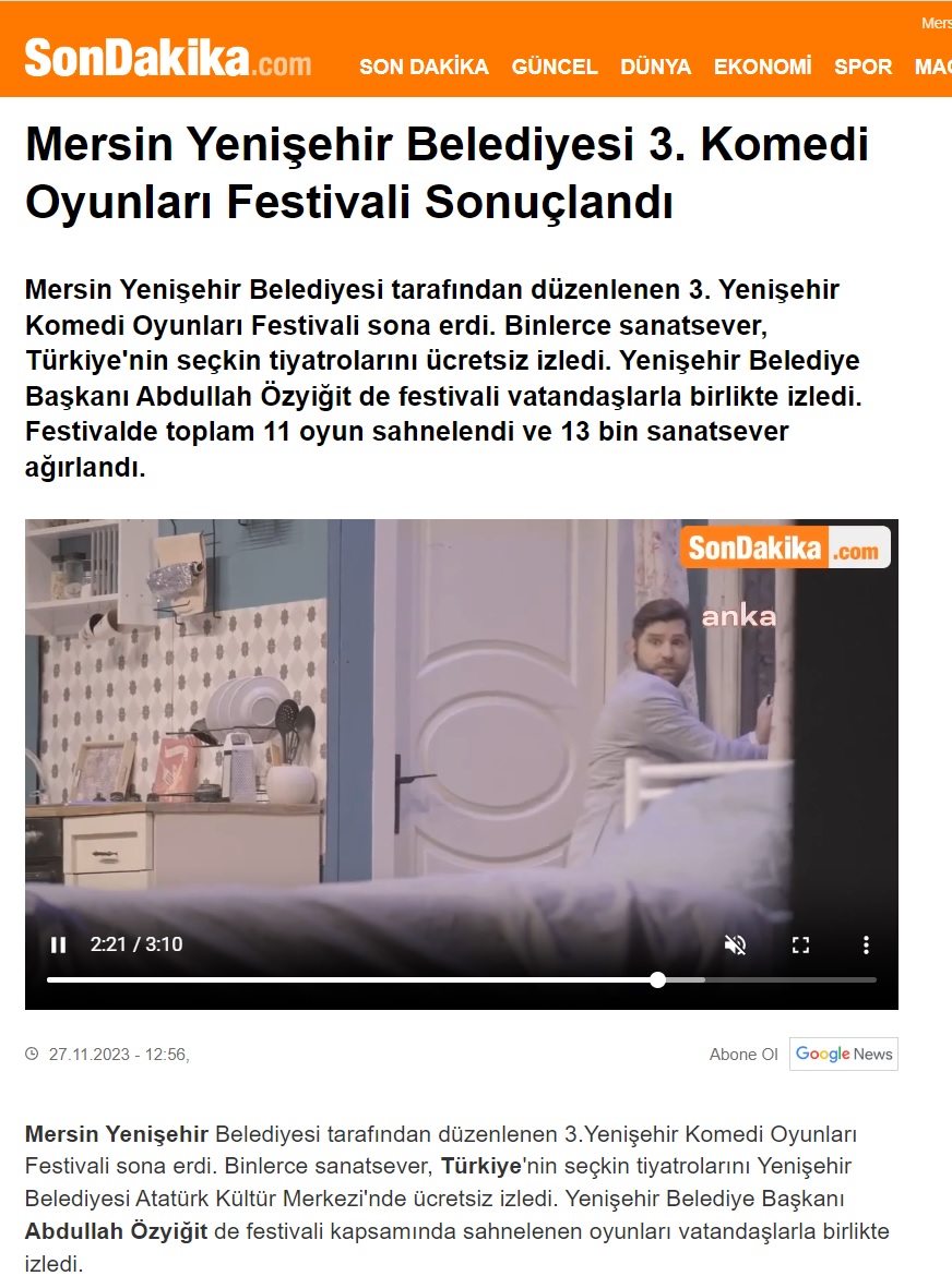 Yenişehir Belediyesi 9 gün süren tiyatro festivaliyle 13 bin sanatseveri ağırladı