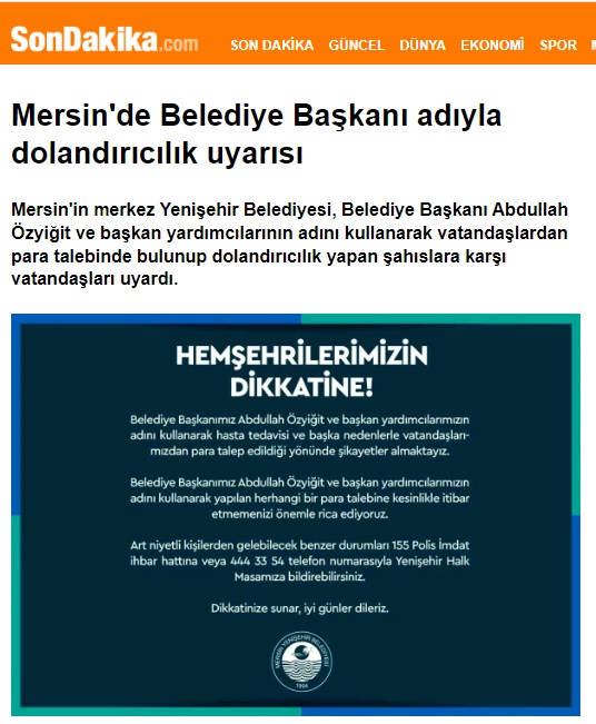 Mersin Yenişehir Belediyesi dolandırıcılara karşı uyardı
