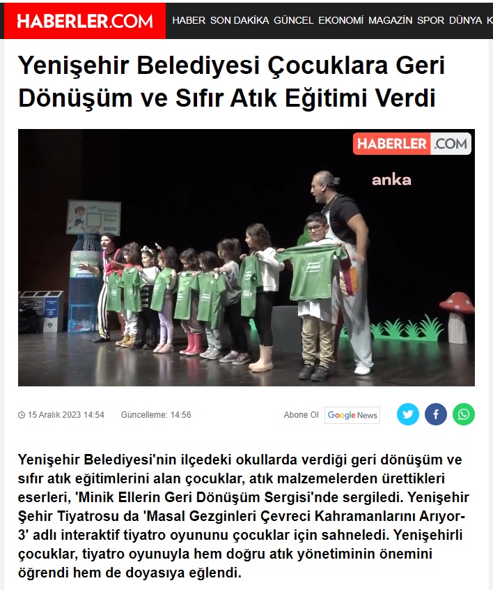 Yenişehirli çocuklar tiyatro oyunuyla hem eğlendi hem de atık yönetimi öğrendi