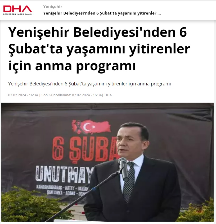 Yenişehir Belediyesi 6 Şubat’ta yaşamını yitirenler için anma programı düzenledi