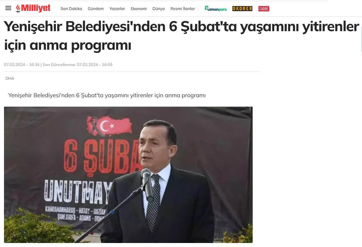 Yenişehir Belediyesi 6 Şubat’ta yaşamını yitirenler için anma programı düzenledi