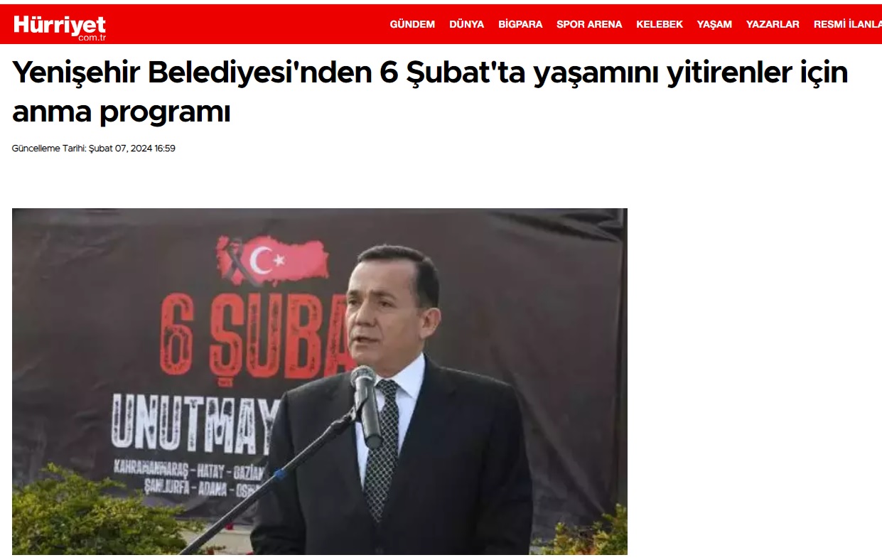 Yenişehir Belediyesi 6 Şubat’ta yaşamını yitirenler için anma programı düzenledi