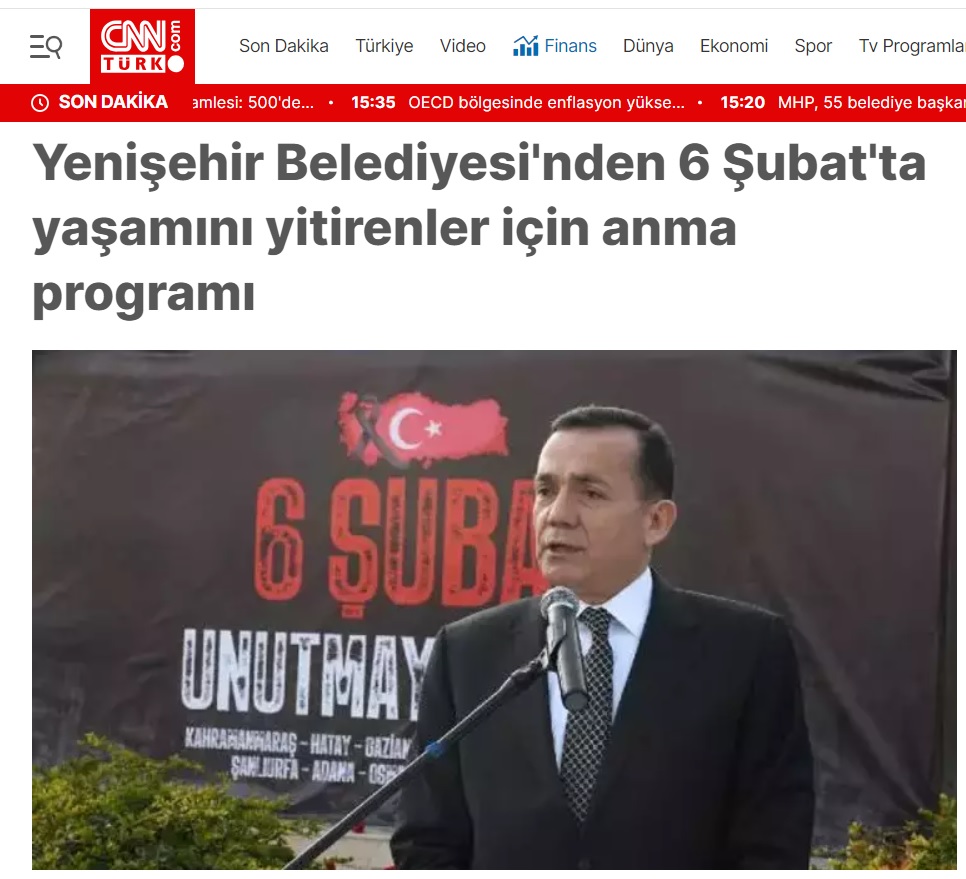 Yenişehir Belediyesi 6 Şubat’ta yaşamını yitirenler için anma programı düzenledi
