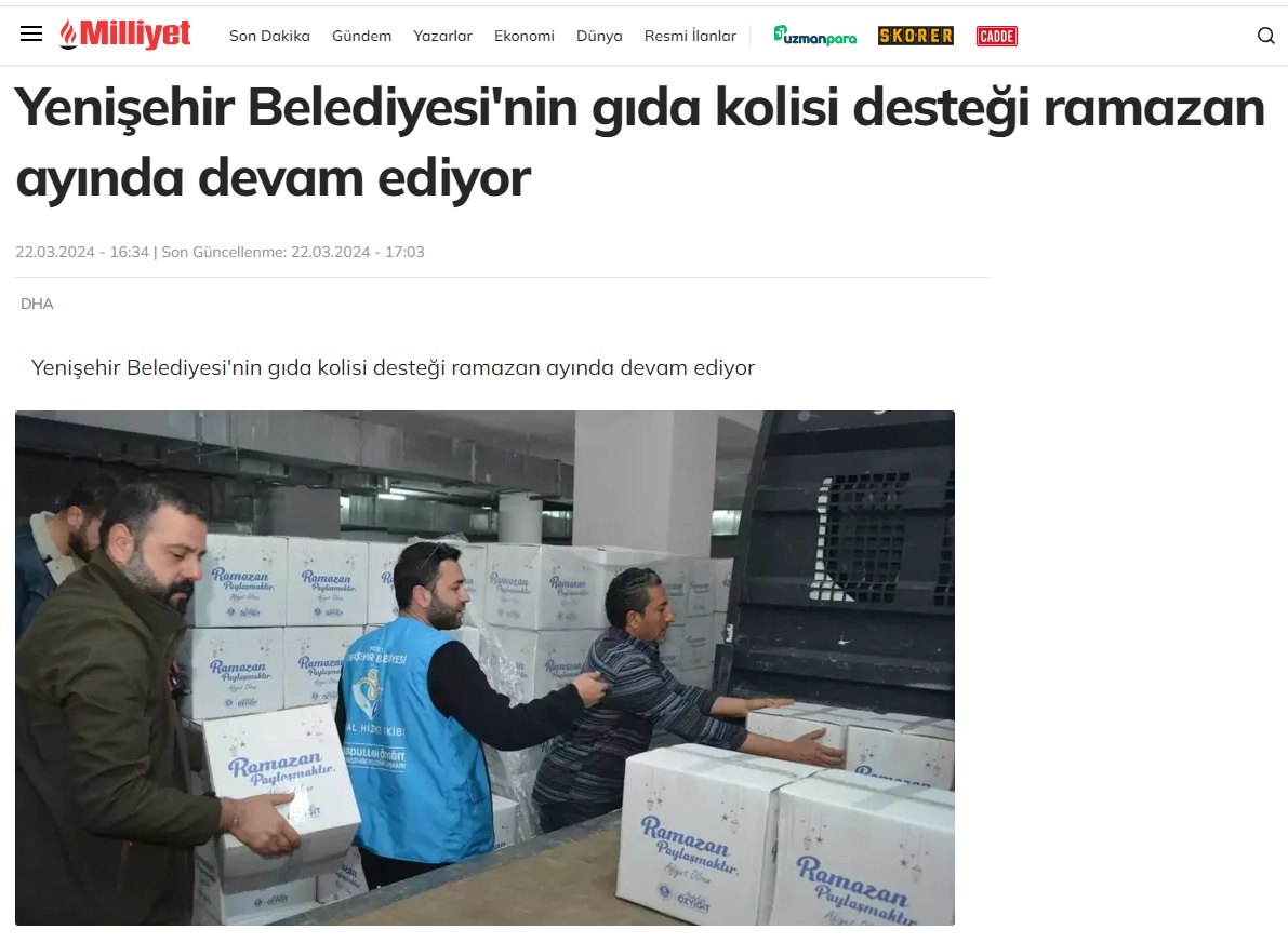 Yenişehir Belediyesinin gıda kolisi desteği Ramazan ayında devam ediyor